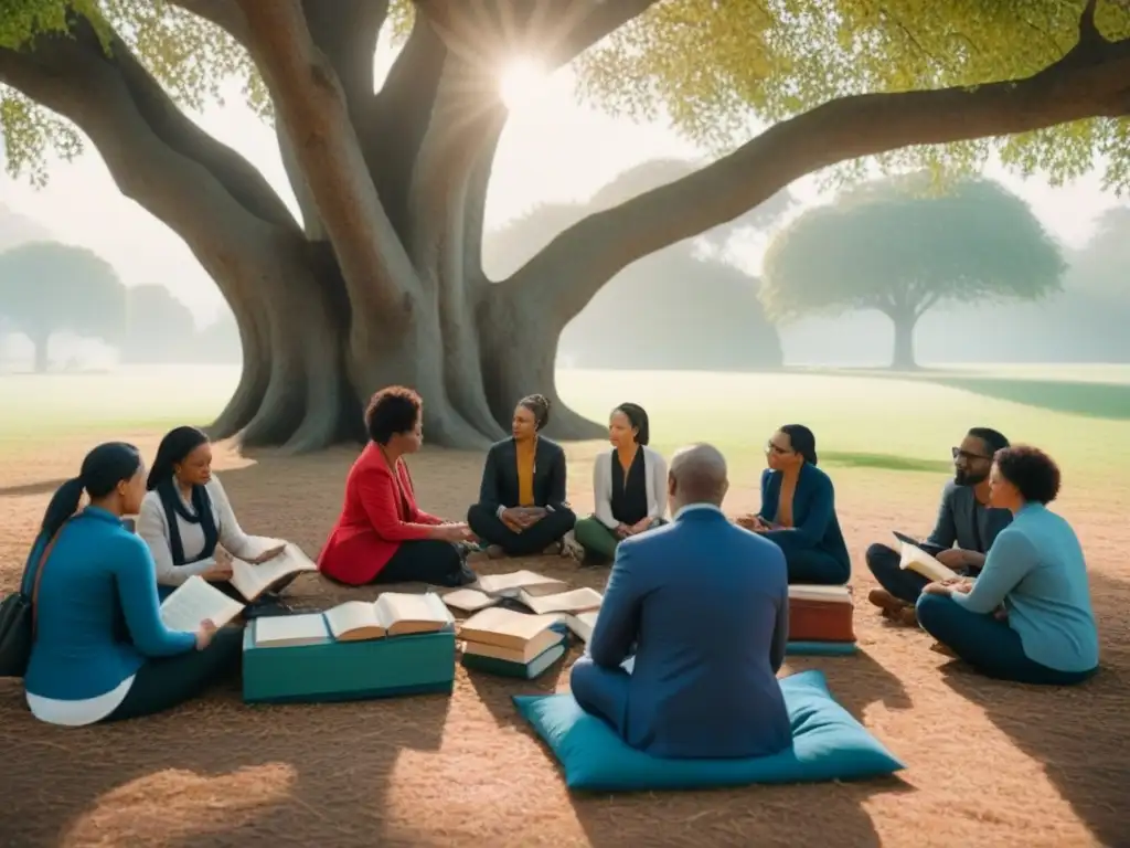 Grupo diverso bajo árbol, compartiendo poesía y diálogo intergeneracional en círculo