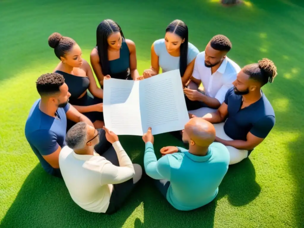 Grupo diverso en círculo leyendo poesía en entorno natural relajante