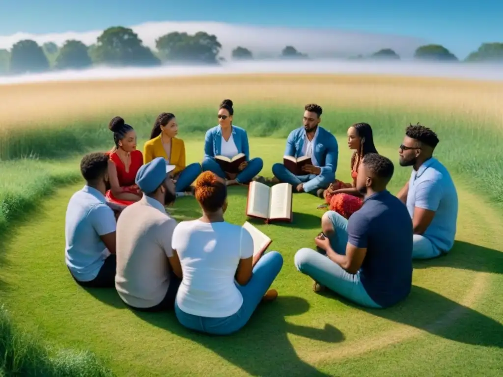 Grupo diverso en círculo escuchando poesía en un campo bajo cielo azul