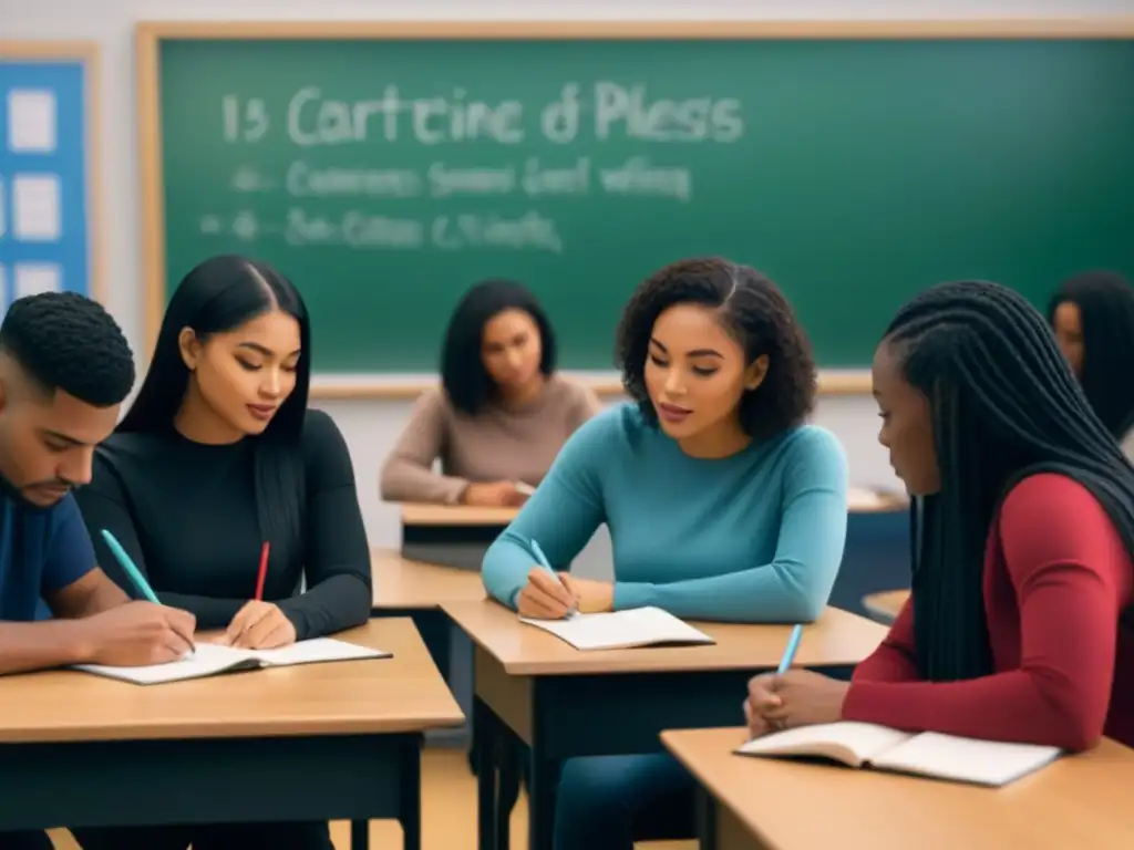 Grupo diverso de estudiantes escribiendo poesía en un aula, destacando la individualidad y creatividad