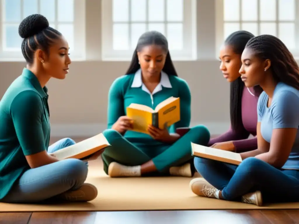 Grupo diverso de estudiantes en círculo con libros de poesía, expresiones intrigadas y curiosas, en aula iluminada