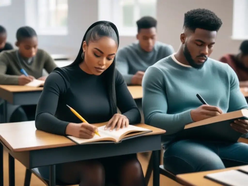 Grupo diverso de estudiantes concentrados y creativos leyendo poesía en aula