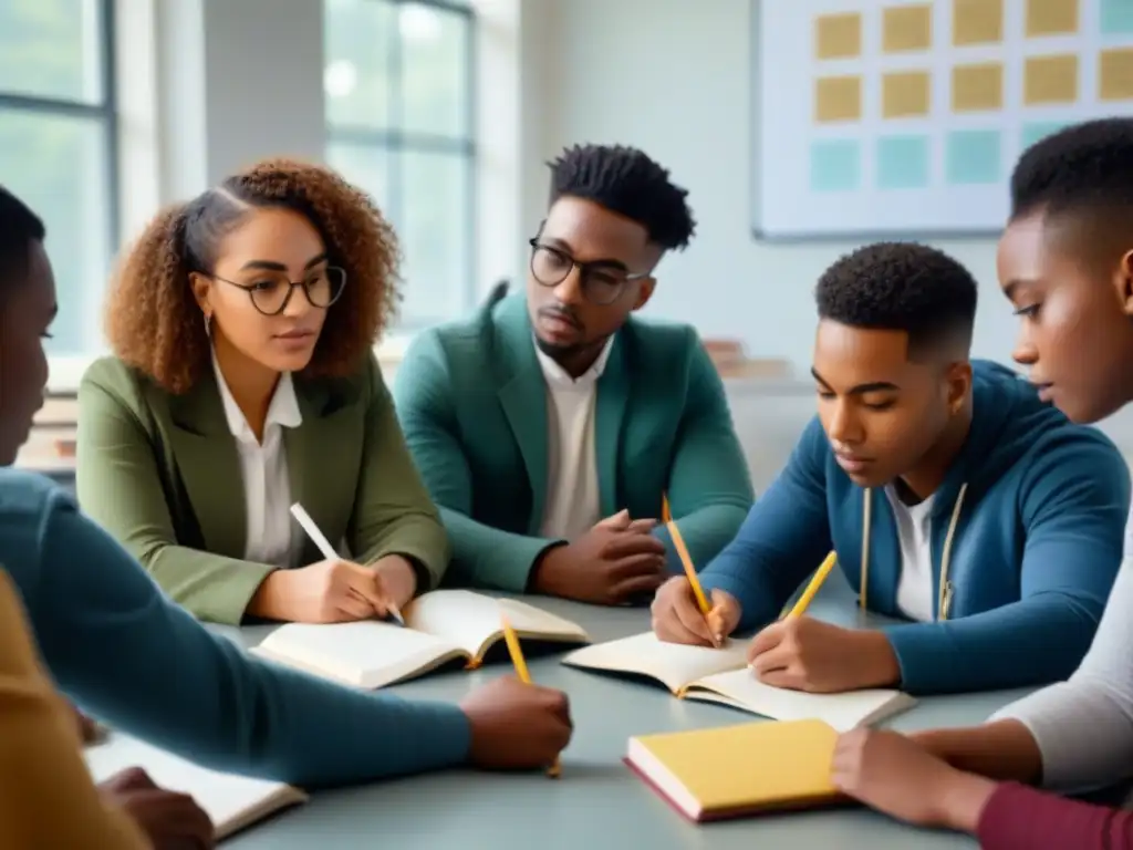 Grupo diverso de estudiantes concentrados en escribir poesía en un aula moderna, simbolizando la transformación educativa a través de la poesía