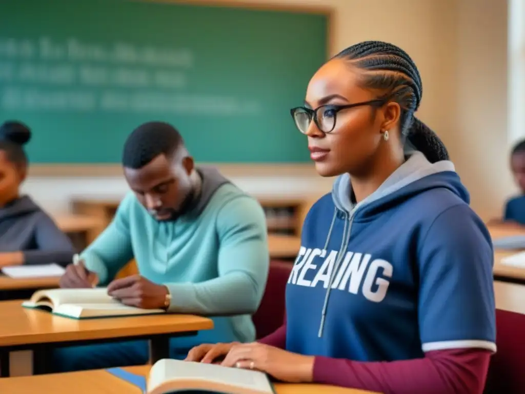 Grupo diverso de estudiantes leyendo y discutiendo poesía africana en aula