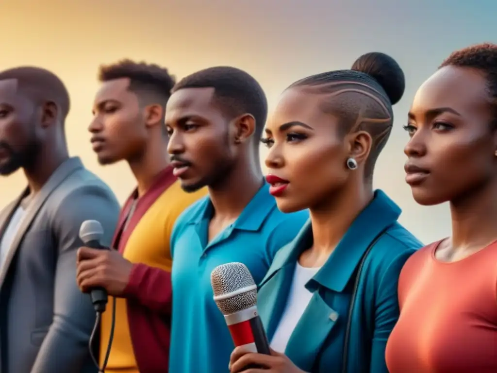 Un grupo diverso de jóvenes africanos recitando poesía apasionadamente, destacando el impacto de la poesía en identidades juveniles