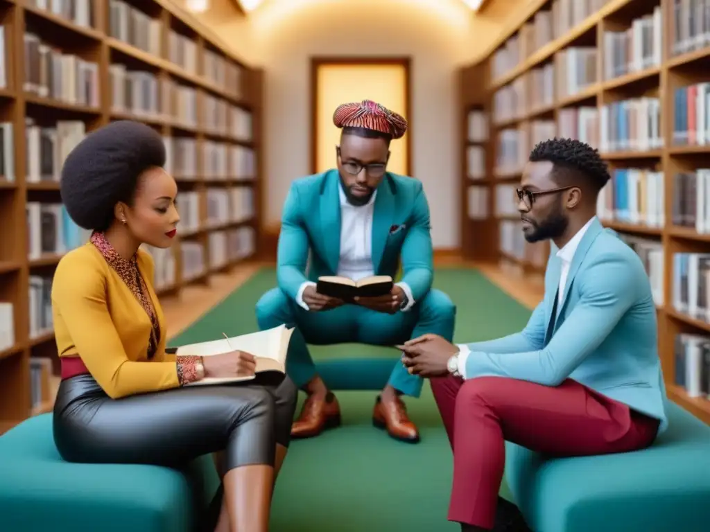 Un grupo diverso de jóvenes poetas africanos colaborando en una biblioteca moderna, reflejando el Renacimiento poético en poesía africana