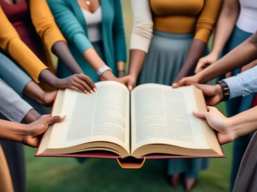 Un grupo diverso reflexiona juntos en torno a un libro en blanco, simbolizando el poder de las palabras y la creatividad para el impacto social