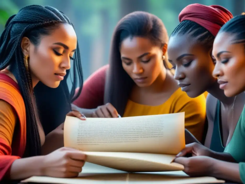 Un grupo diverso de mujeres poetisas de distintas culturas, escribiendo apasionadamente en pergamino, rodeadas de símbolos de fuerza y unidad