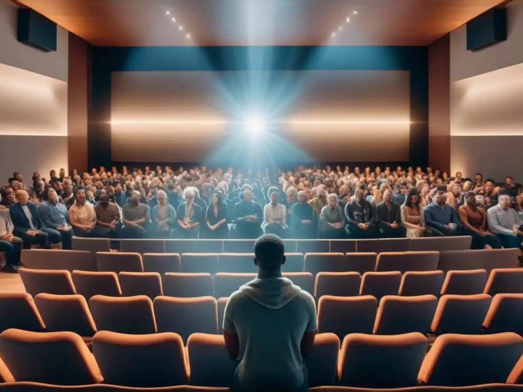 Un grupo diverso de personas de distintas edades y orígenes se reúne en un auditorio moderno y elegante, iluminado suavemente