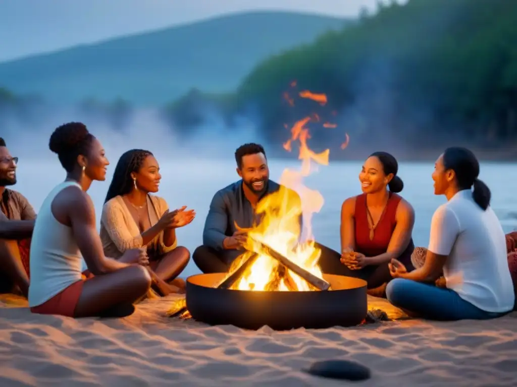 Un grupo diverso de personas se reúne alrededor de una fogata, escuchando a un narrador recitar poesía oral transformadora palabras