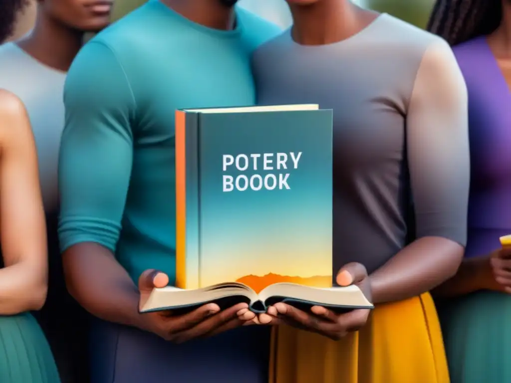Un grupo diverso de personas sostiene libros de poesía, unidos en armonía