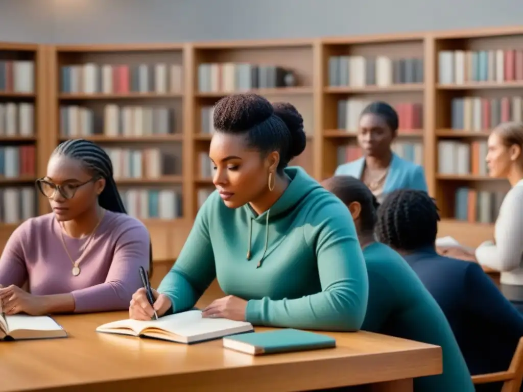 Un grupo diverso de personas se reúne alrededor de una mesa de roble en una biblioteca acogedora, con libros en estanterías