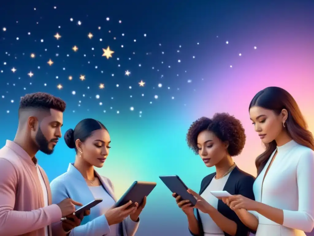 Un grupo diverso de personas escribiendo poesía en tablets modernas con elementos gamificados, en un ambiente creativo y tecnológico