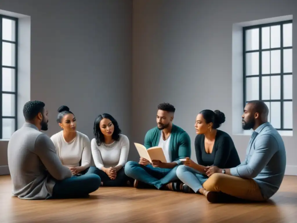 Grupo diverso leyendo y discutiendo poesía, reflejando la importancia de la poesía en la transformación cultural