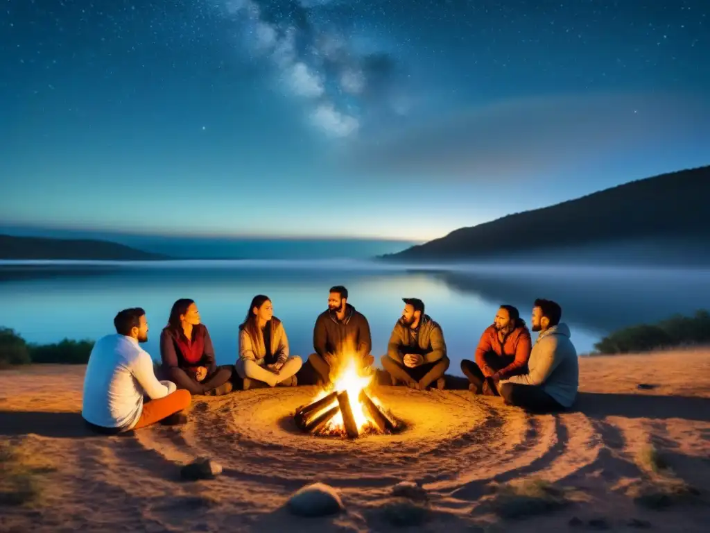 Voces unidas: poesía bajo las estrellas Grupo diverso escucha al poeta bajo el cielo estrellado, evocando la esencia de Miguel Hernández poeta pueblo versos