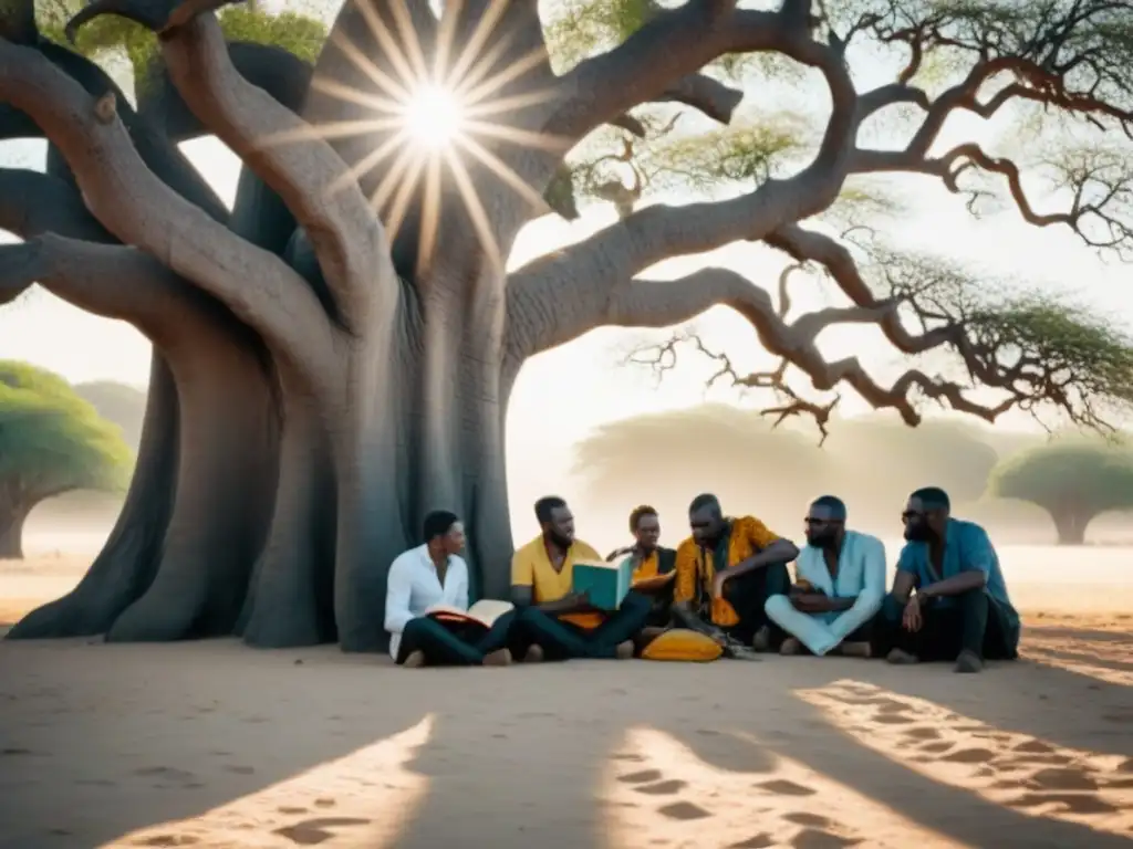 Un grupo diverso de poetas africanos se reúne bajo un baobab, simbolizando la unidad de los colectivos poéticos en África