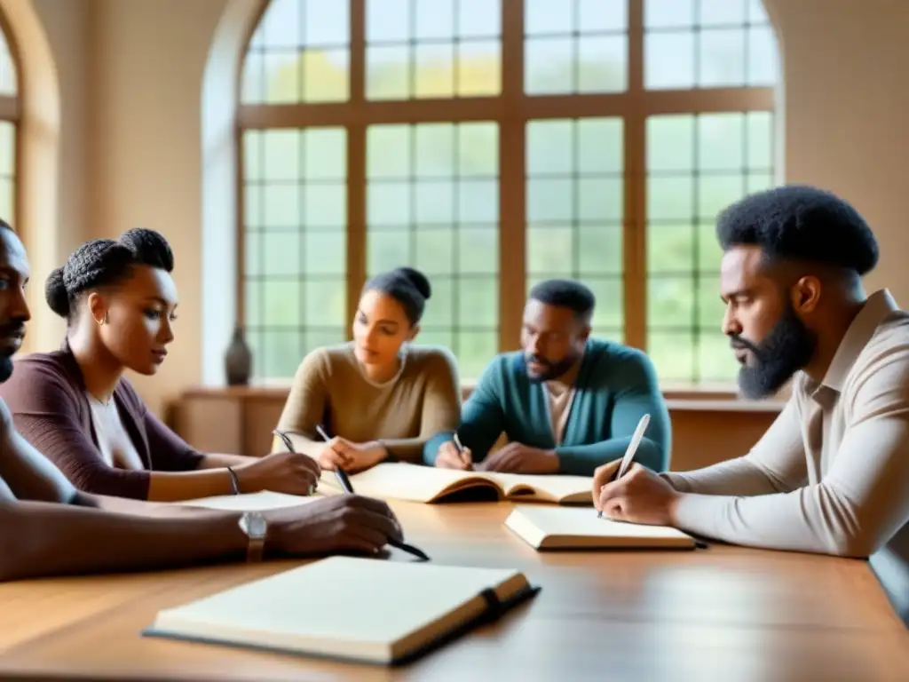 Un grupo diverso de poetas africanos colaborando intensamente en una mesa de roble, inspirados por la influencia diáspora poesía africana