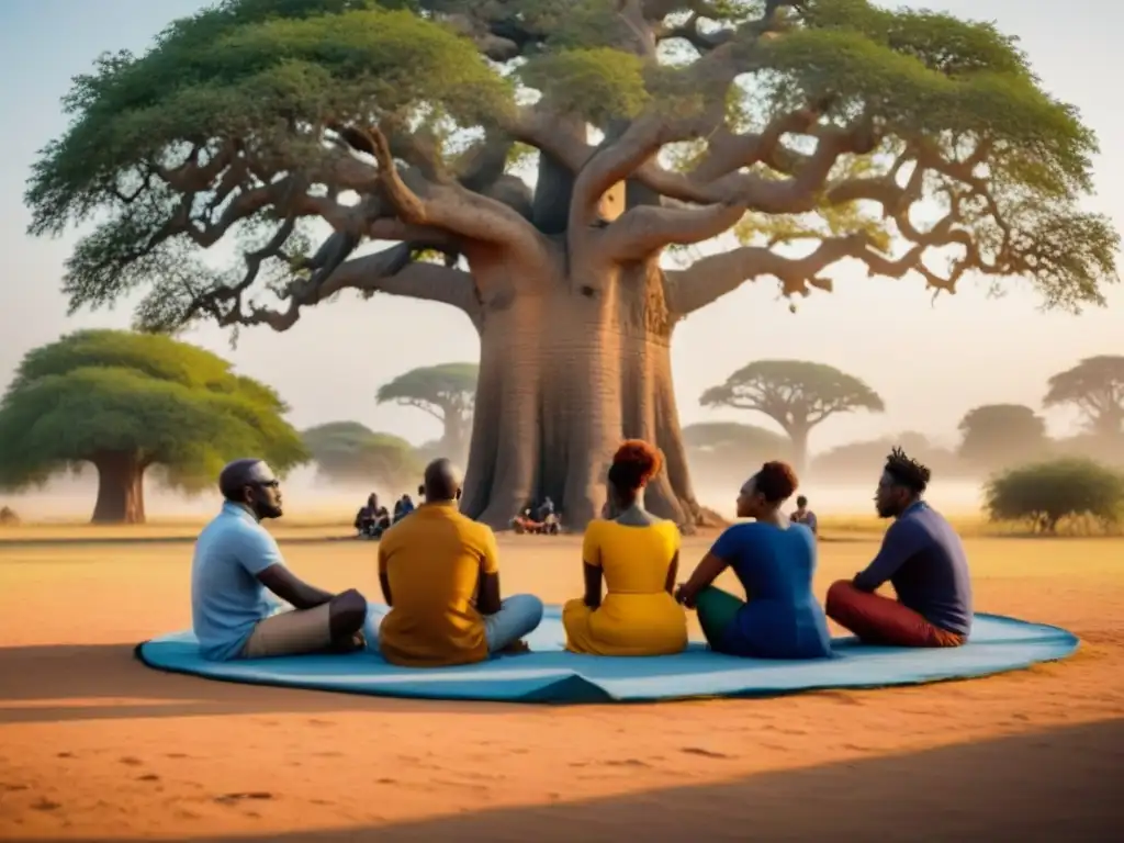 Círculo de poetas africanos bajo baobab milenario Grupo diverso de poetas africanos contemporáneos se reúnen bajo un baobab, compartiendo ideas