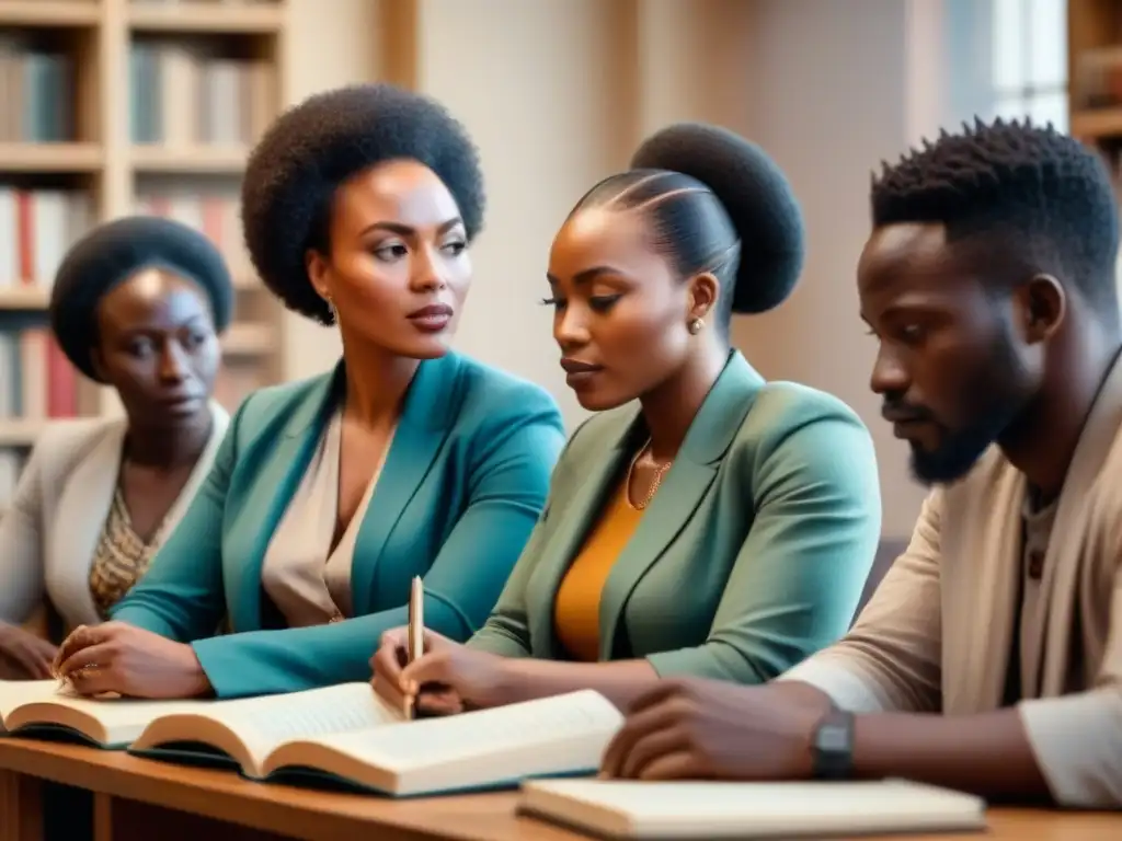 Un grupo diverso de poetas africanos inmersos en la poesía africana, rodeados de libros en varios idiomas, en una habitación serena y luminosa