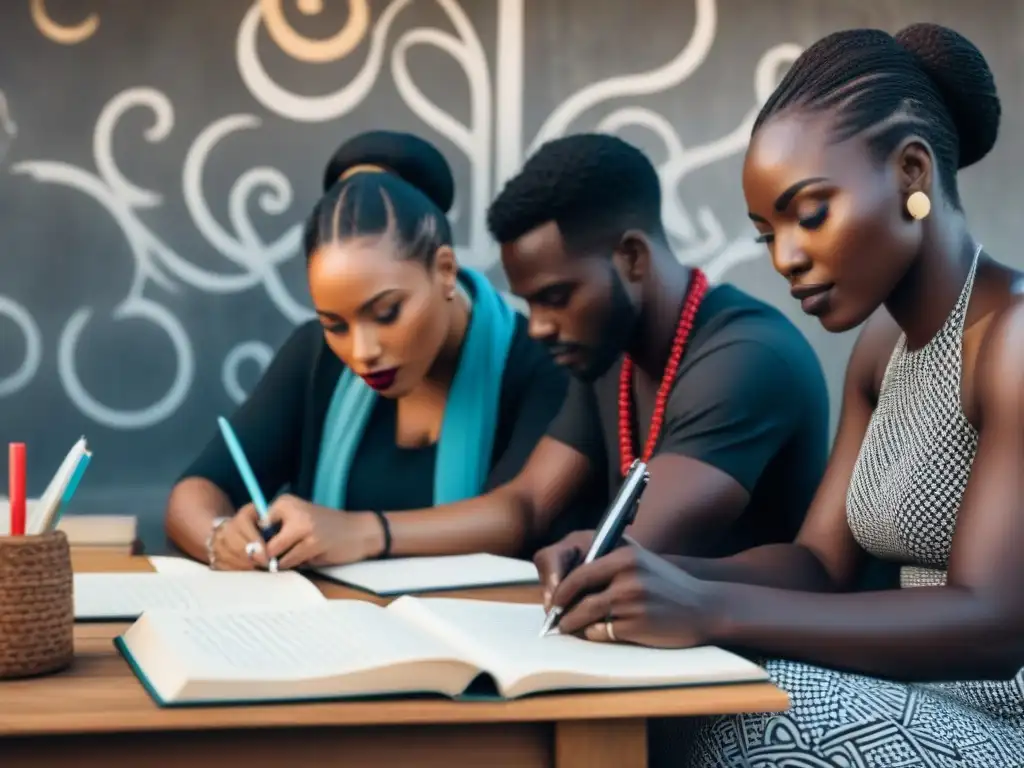 Un grupo diverso de poetas africanos escribiendo y recitando poesía, rodeados de símbolos creativos y unidos