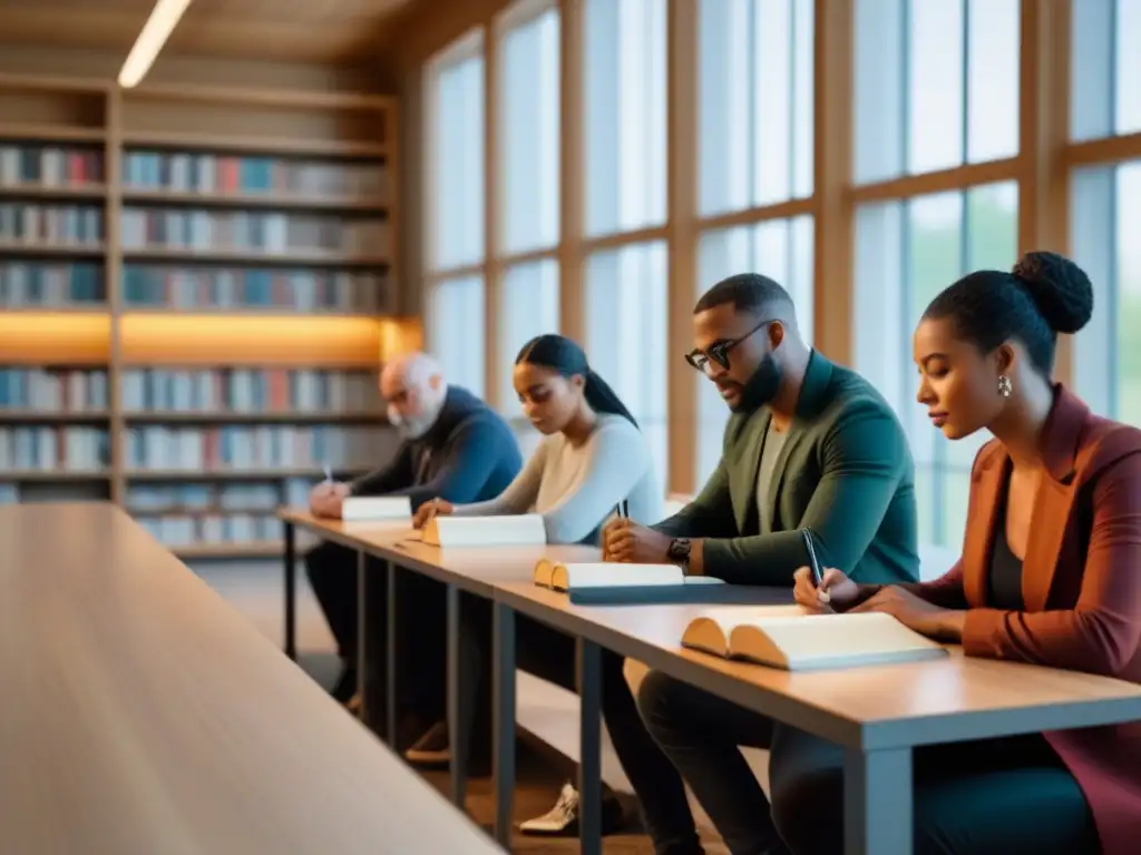 Un grupo diverso de poetas contemporáneos, concentrados y llenos de inspiración, escribiendo en una biblioteca luminosa