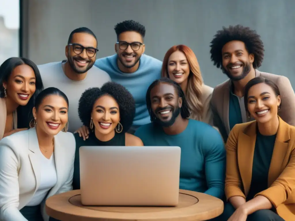 Poetas y colaboradores celebran financiamiento de proyecto poético Un grupo diverso de poetas y patrocinadores sonrientes celebran la financiación exitosa de un proyecto poético en una plataforma de crowdfunding