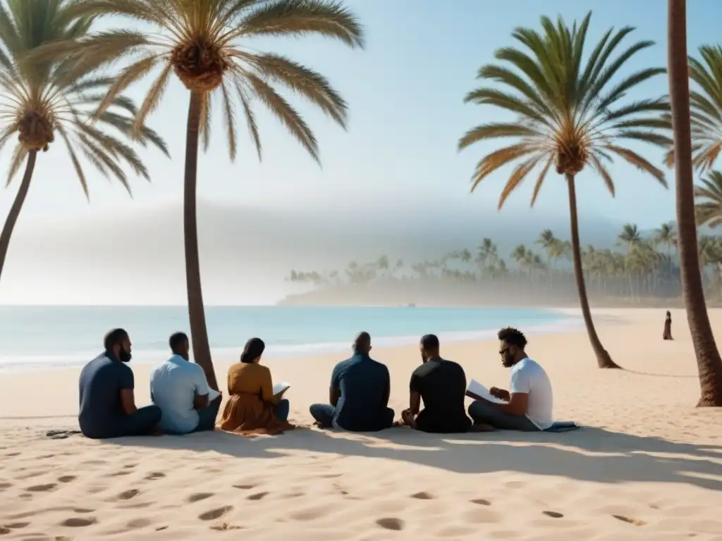 Un grupo diverso de poetas escribiendo en una playa serena, rodeados de libros, bajo palmeras