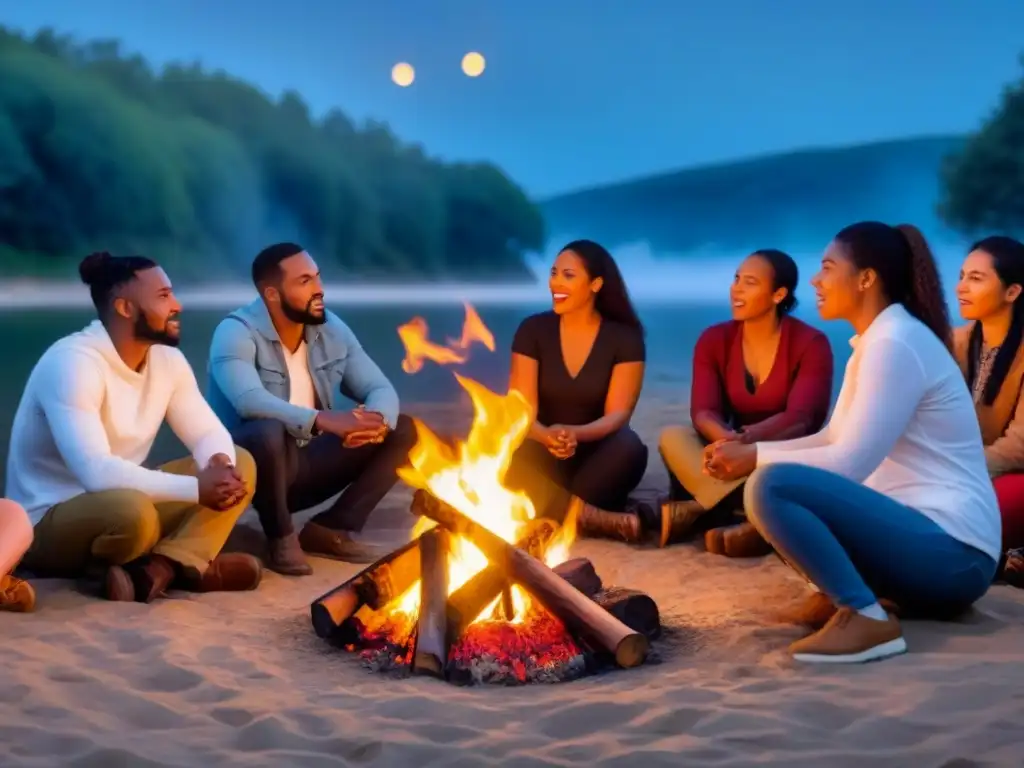 Grupo diverso escucha poesía oral transformadora palabras alrededor de fogata estrellada