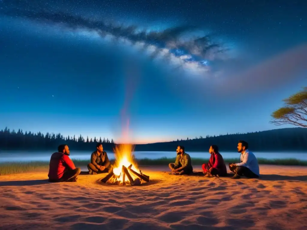 Grupo alrededor de fogata nocturna escuchando poesía, con árboles antiguos y cielo estrellado