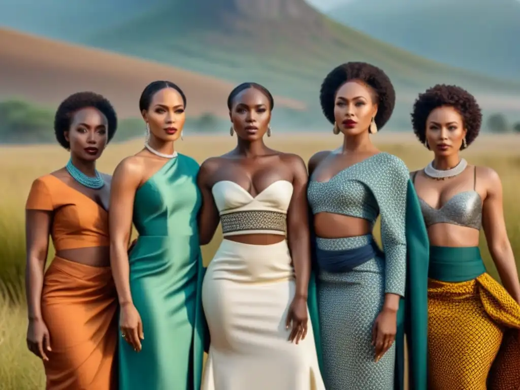 Un grupo de mujeres africanas vestidas con elegancia, demostrando empoderamiento femenino con expresiones determinadas, en un paisaje africano sereno