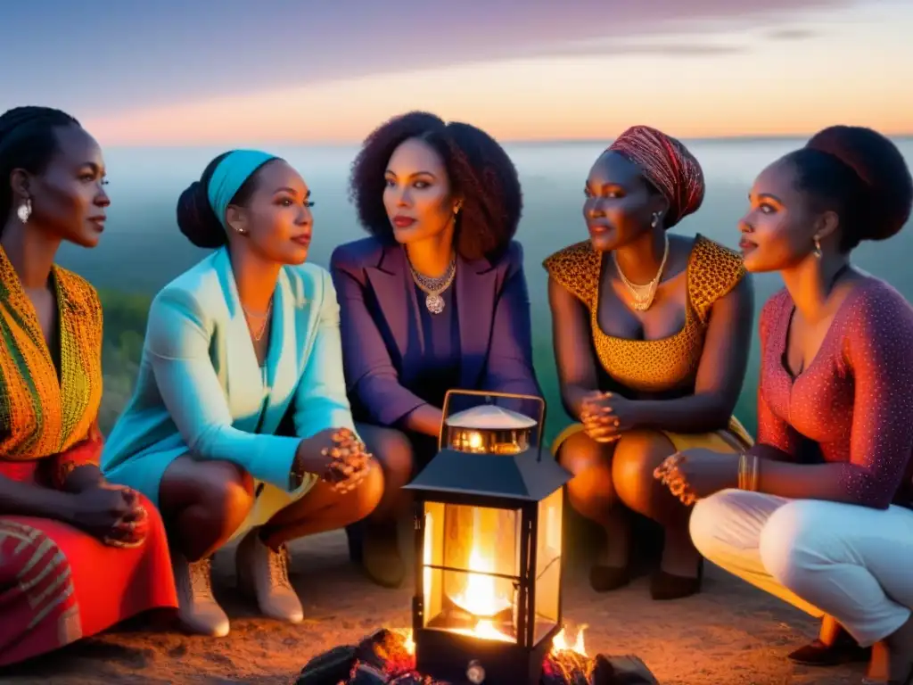 Un grupo de Mujeres poetas de África reunidas alrededor de una hoguera bajo un cielo estrellado, iluminando sus rostros con linternas brillantes