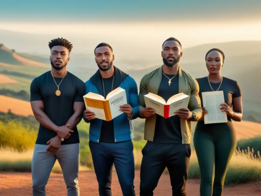 Unidos por la poesía: diversidad africana en ilustración Un grupo de diversas personas africanas unidas en activismo, poesía y amor por África, rodeadas de símbolos de paz y esperanza