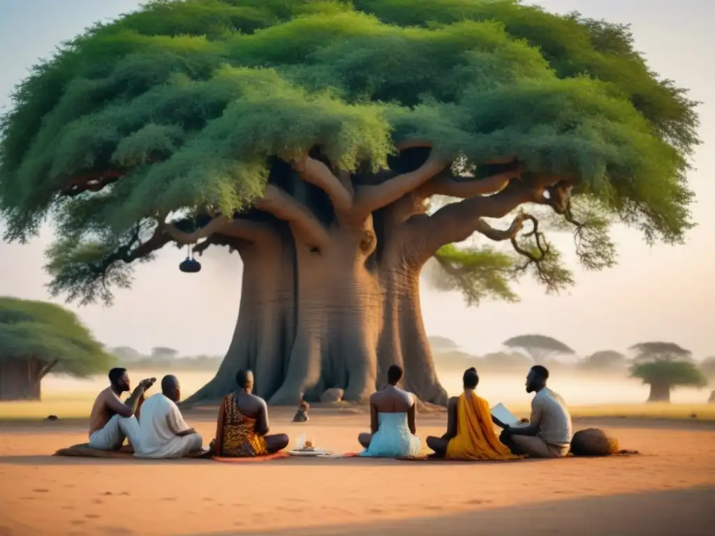 Grupo de poetas africanos contemporáneos escribiendo bajo un baobab, inmersos en la naturaleza