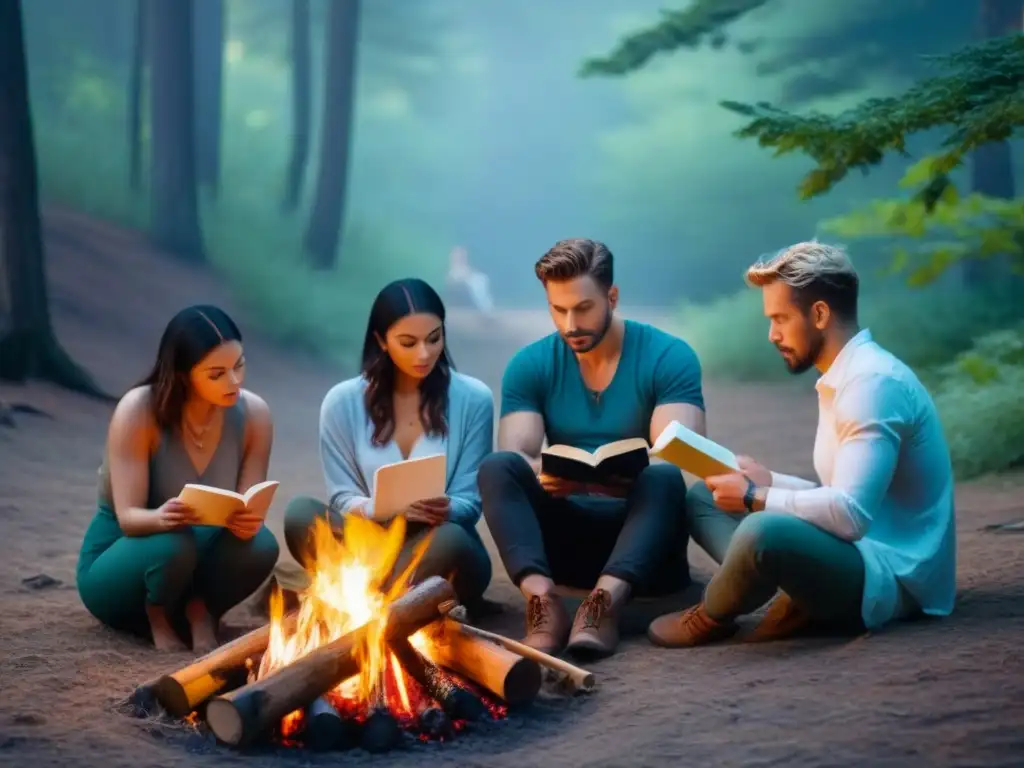 Un grupo de poetas en un retiro poético durante el solsticio, escribiendo versos junto a una fogata en el bosque al atardecer