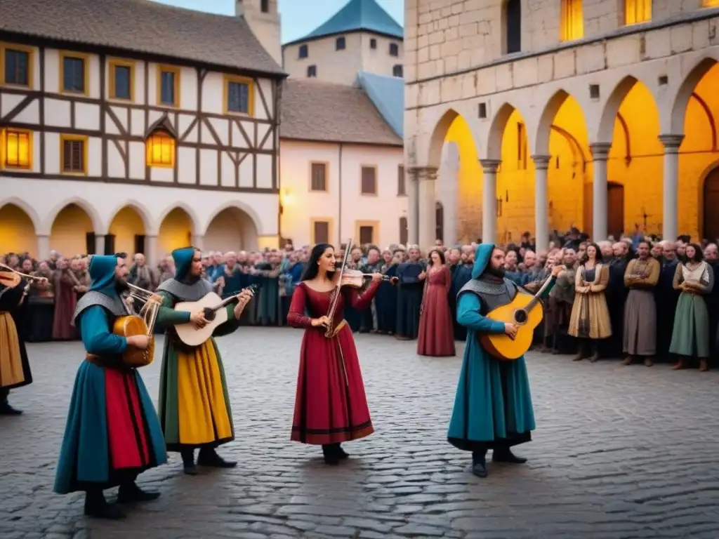 Grupo de trovadores y juglares actuando en plaza medieval, rodeados de espectadores, evocando la poesía lírica en la Edad Media