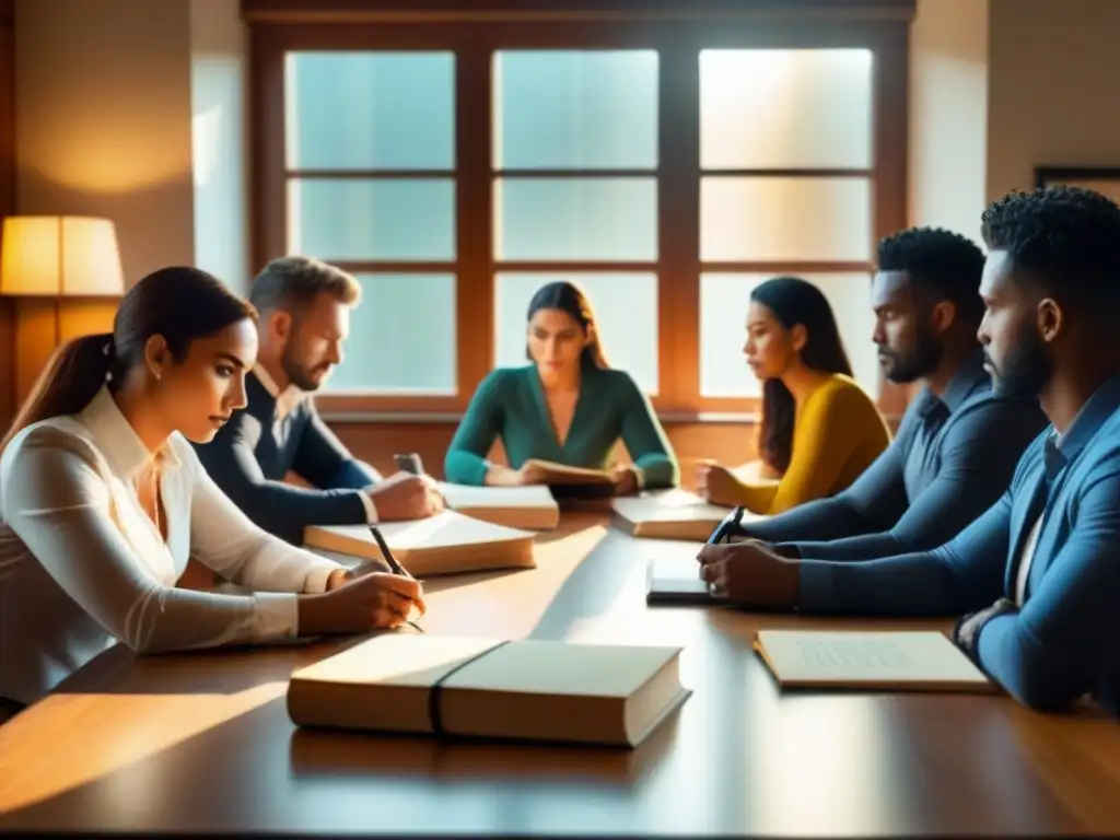 Un grupo vibrante de escritores creativos se concentra en sus palabras en una mesa de madera, rodeados de libros y papeles, bajo la cálida luz del sol