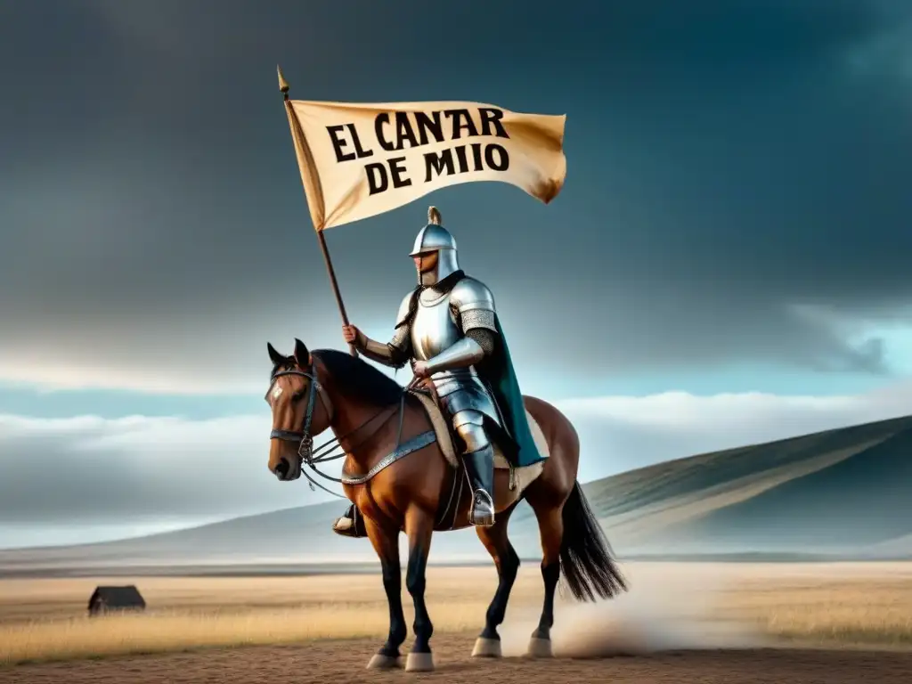 Un guerrero solitario a caballo, con armadura medieval, ondea una bandera con 'El Cantar del Mío Cid' en una llanura bajo un cielo dramático