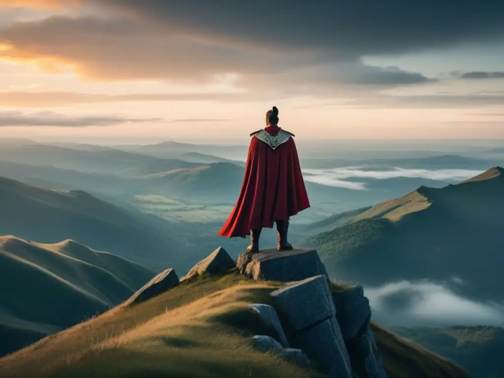 Un guerrero solitario en la cima de una montaña, contemplando un paisaje épico