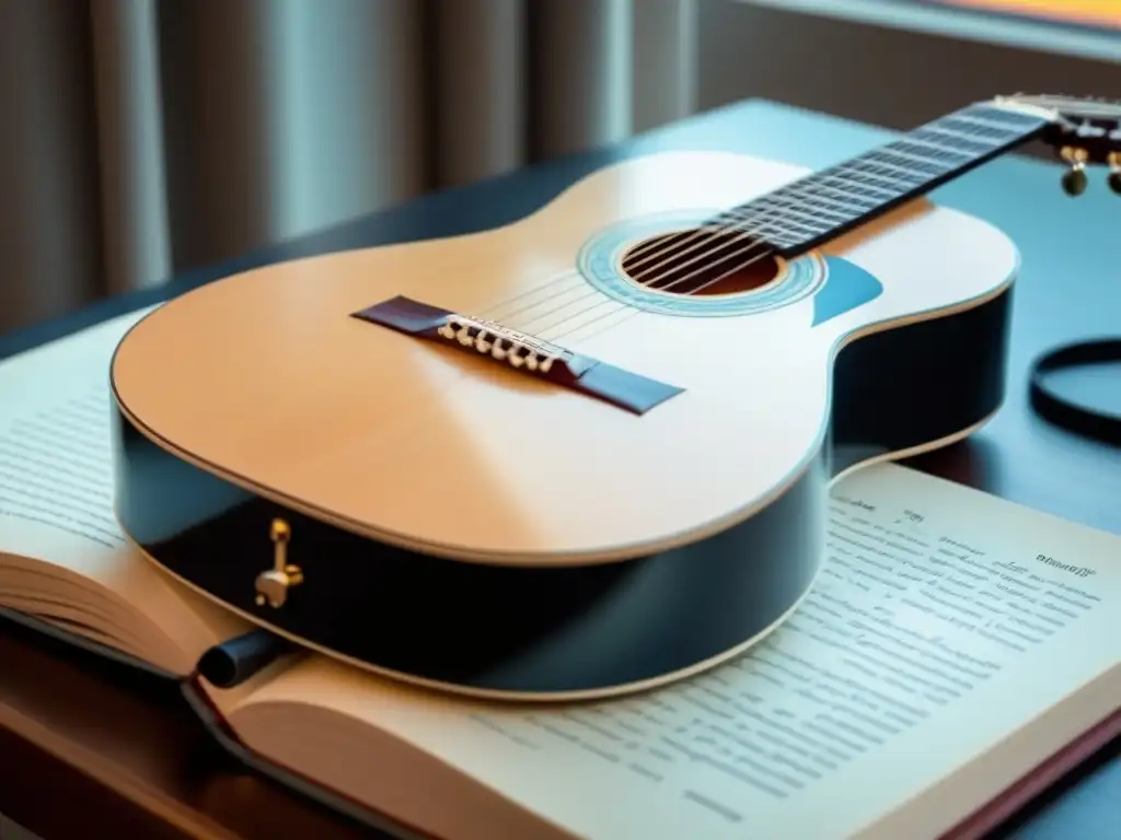 Una guitarra clásica reposa sobre un libro de poesía en un escritorio moderno, donde la poesía inspira obras musicales