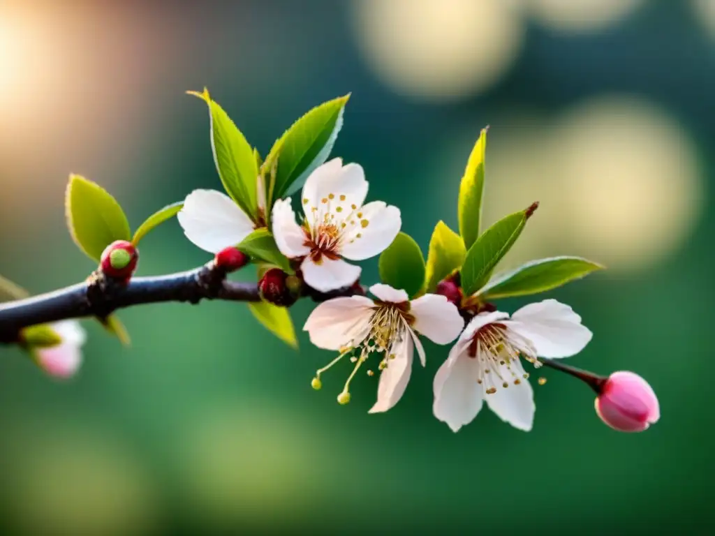 Haiku de belleza: detallado cerezo en flor con luz suave filtrándose entre pétalos