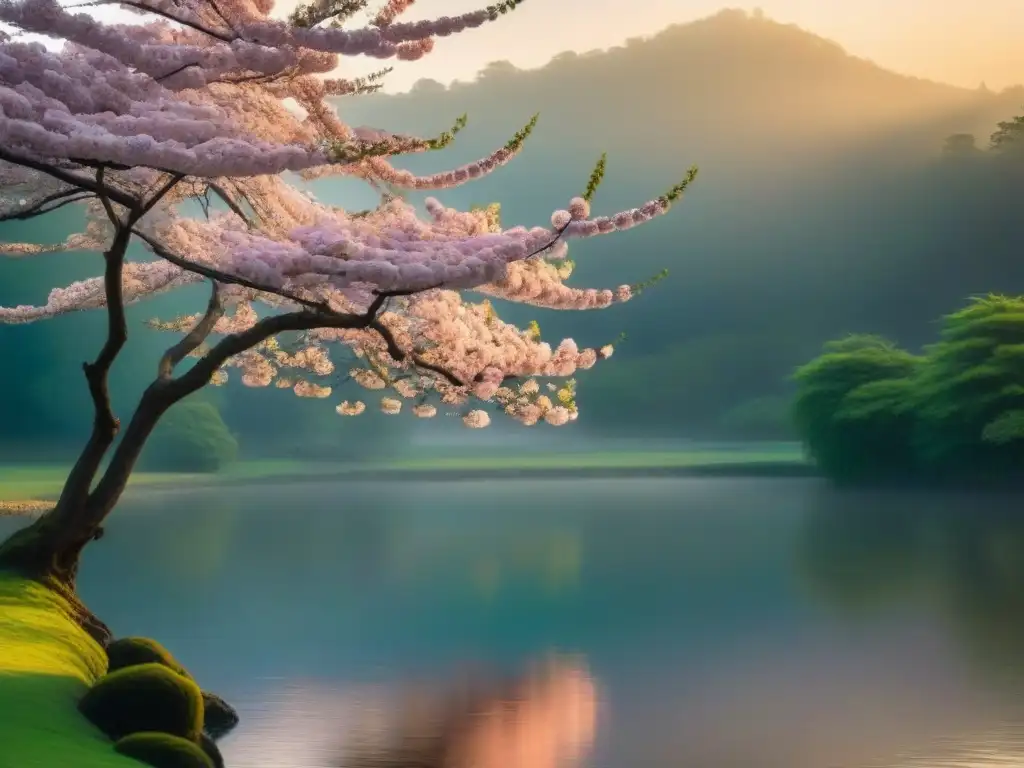 Árbol de cerezo en floración frente a un estanque al atardecer Haiku: la belleza efímera de un cerezo en flor junto a un estanque sereno al atardecer