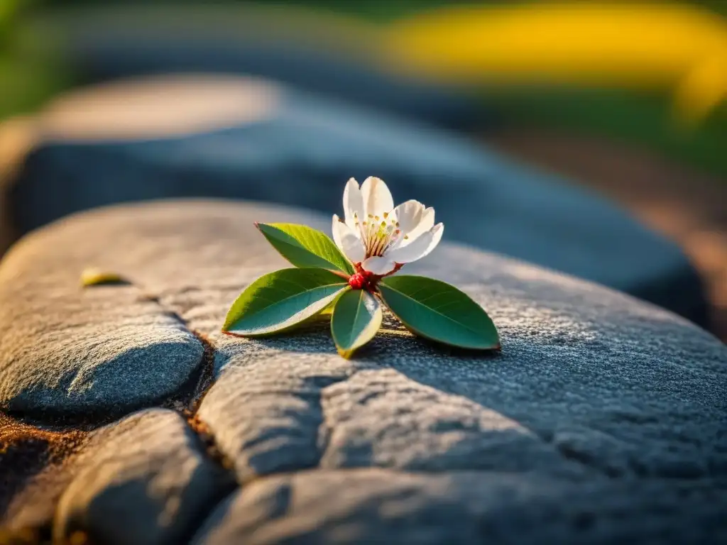 Haiku en la poesía moderna: Detalle de una flor de cerezo sobre una piedra con luz suave y sombra sutil