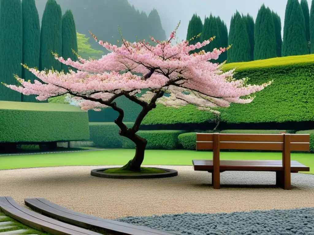 Haikus modernos tradición japonesa: árbol de cerezo solitario en flor en jardín japonés sereno