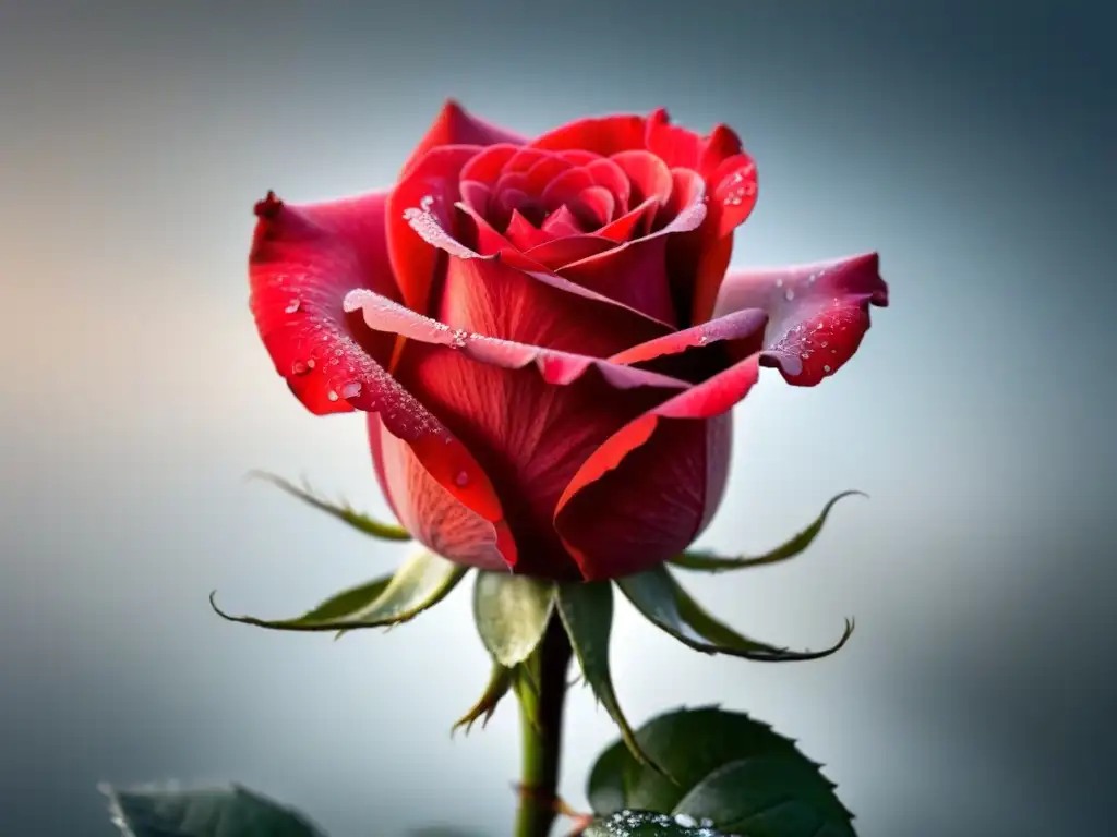 Una hermosa rosa roja con rocío en sus pétalos, creando un ambiente poético