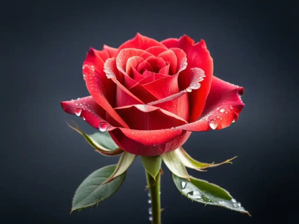 Una hermosa rosa roja en plena floración sobre fondo negro, con gotas de rocío, evocando belleza y transformación