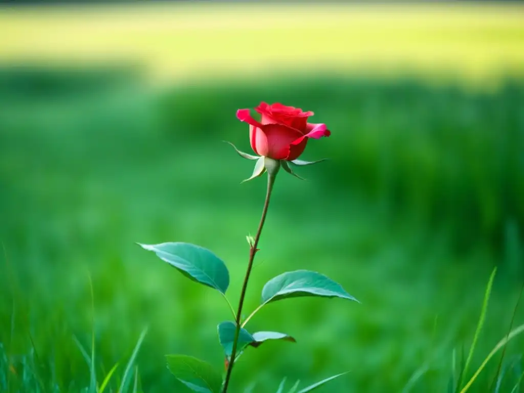 Un hermoso y minimalista paisaje digital con una rosa roja vibrante en un campo verde exuberante, transmitiendo tranquilidad y emoción