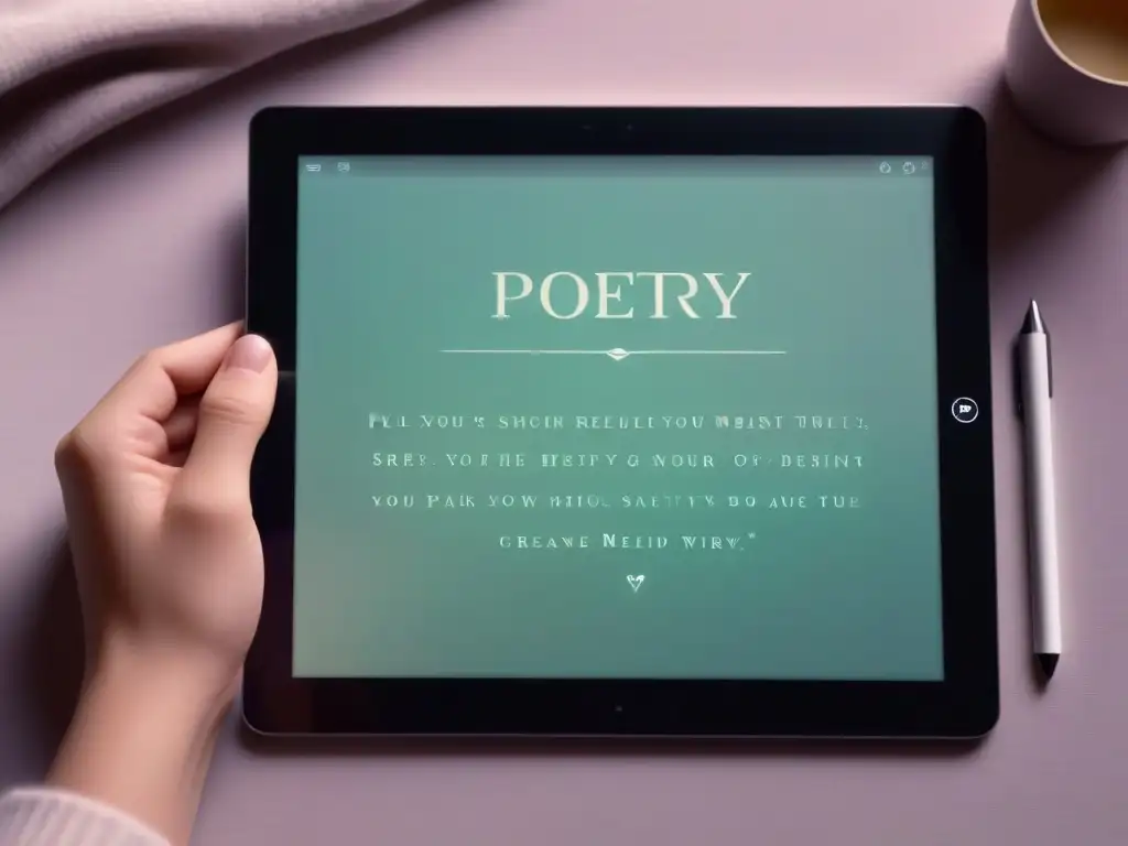 Herramientas digitales para poesía creativa: interfaz elegante de app de escritura poética en tablet, con tipografía y colores suaves