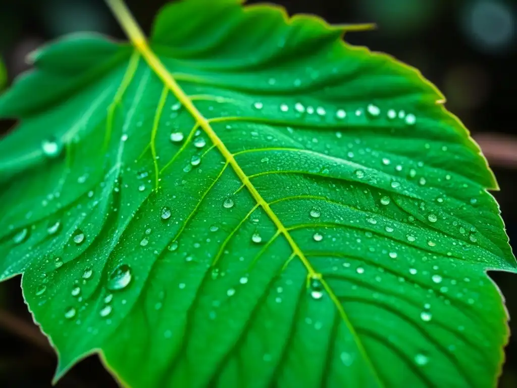 Una hoja verde vibrante con venas intrincadas y gotas de rocío, inspirando la poesía de Michael McClure en la naturaleza