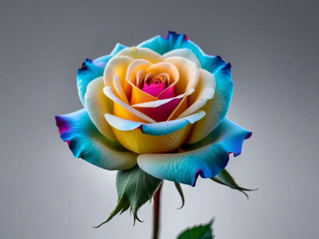 Una rosa holográfica desplegando sus pétalos en vibrantes colores, en una experiencia de realidad aumentada en poesía