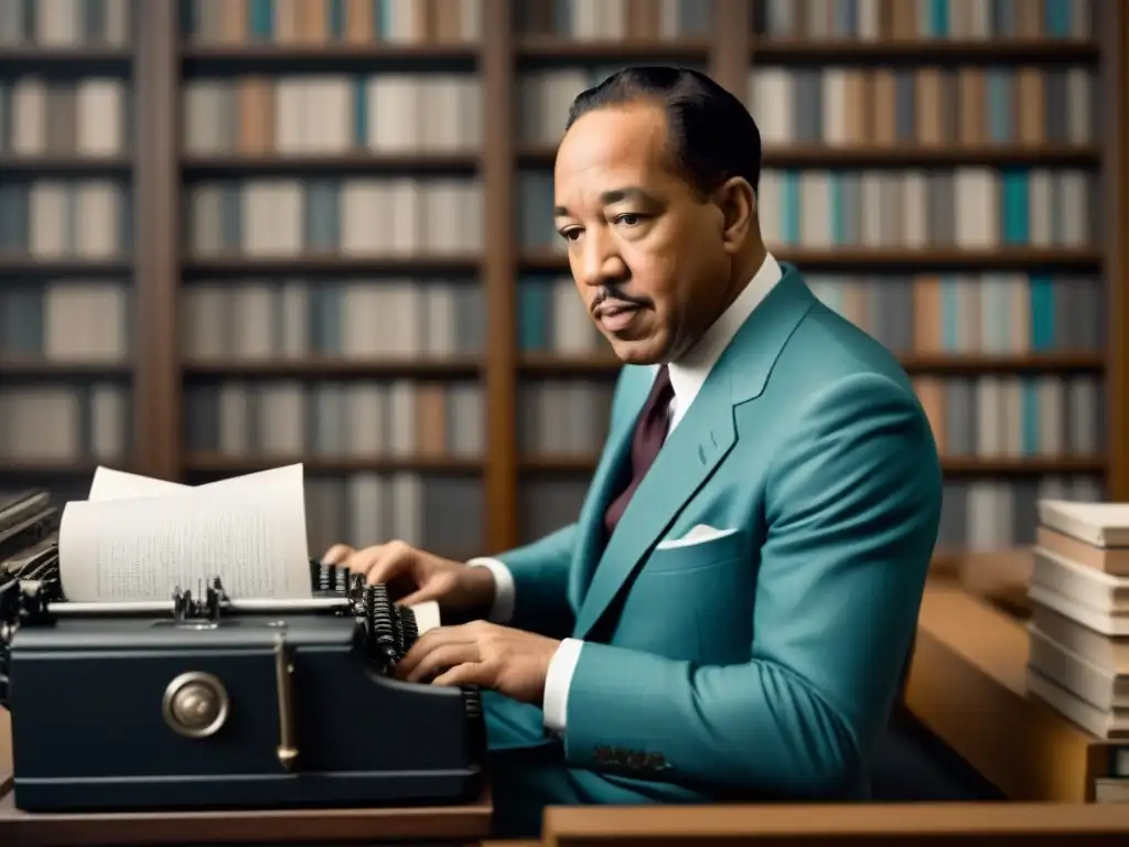 Langston Hughes en su escritorio, rodeado de libros y papel, con expresión pensativa
